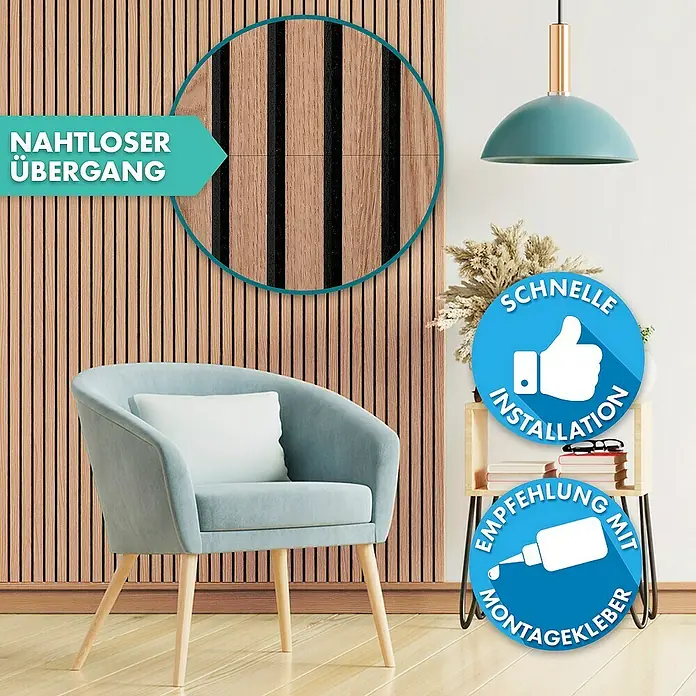 Floordirekt Akustikpaneel Echtholzfurnier 118 x 60 x 2,1 cm Red Oak - Red Oak, 1 Stk., 0,71 m² - Das Bild zeigt eine Nahaufnahme einer Wandverkleidung aus Holzlatten. Die nahtlosen Übergänge und die einfache Montage mit Montagekleber werden hervorgehoben.