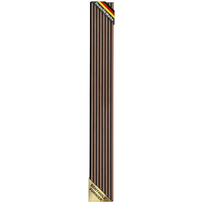 Floordirekt Akustikpaneel Echtholzfurnier 275 x 27 x 2,1 cm Black Walnut - Black Walnut, L x B x S: 275 cm x 27 cm x 21 mm, 1 Stk., 0,74 m² - Bild eines Echtholzfurniers mit dem Aufdruck "Deutsche Marke" für hochwertige Holzprodukte.