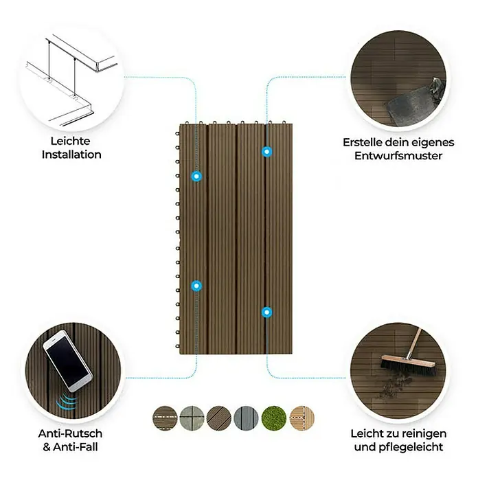Floordirekt Klickfliese WPC Royal 30 x 60 cm Dunkelbraun - 60 x 30 x 2,2 cm, 1 Stk. - Bild von Terrassendielen mit Produktvorteilen wie einfache Installation und Reinigung, sowie Anti-Rutsch und Anti-Fall Eigenschaften.