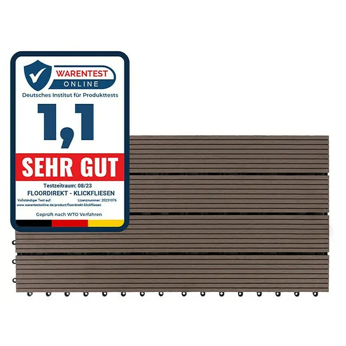 Floordirekt Klickfliese WPC Royal 30 x 60 cm Dunkelbraun - 60 x 30 x 2,2 cm, 1 Stk. - Abbildung von FLOORDIREKT Klickfliesen mit dem Qualitätsurteil "SEHR GUT" vom Deutschen Institut für Produkttests, Testzeitraum 08/23.