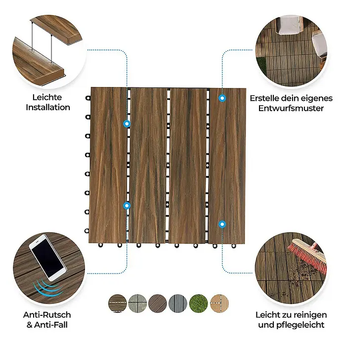 Floordirekt Klickfliese WPC Classic 30 x 30 cm Mix Teak 11er-Set - 30 x 30 x 2,2 cm, 11 Stk. - Produktbild von quadratischen, braunen Terrassenfliesen mit Hinweisen zu Installation, Design, Rutschfestigkeit und Reinigung.