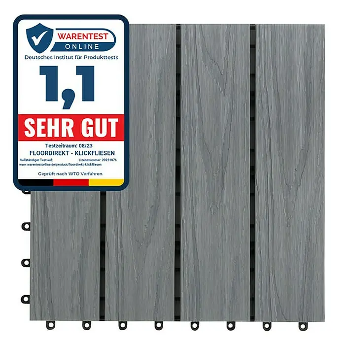 Floordirekt Klickfliese WPC Classic 30 x 30 cm Grau - 1 Stk. - Das Bild zeigt eine graue FLOORDIREKT Klickfliese, die von Warentest Online mit der Note 1,1 (SEHR GUT) ausgezeichnet wurde.