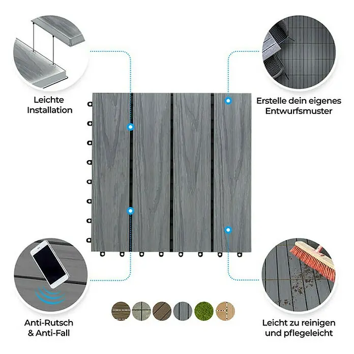 Floordirekt Klickfliese WPC Classic 30 x 30 cm Grau - 1 Stk. - Bild einer grauen Terrassendiele mit Hinweisen zu einfacher Installation, Gestaltung, Rutschfestigkeit und einfacher Reinigung.
