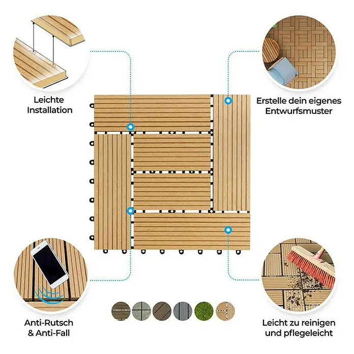 Floordirekt Klickfliese WPC Classic 30 x 30 cm Teak - 1 Stk. - Abbildung der Terrassendielen mit Hinweisen zu einfacher Installation, Designvielfalt, Rutschfestigkeit und leichter Reinigung.