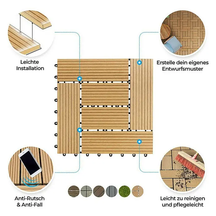 Floordirekt Klickfliese WPC Classic 30 x 30 cm Teak 11er-Set - 11 Stk. - Bild von Terrassendielen mit Hinweisen zu einfacher Installation, Designvielfalt, Rutschfestigkeit und leichter Reinigung.