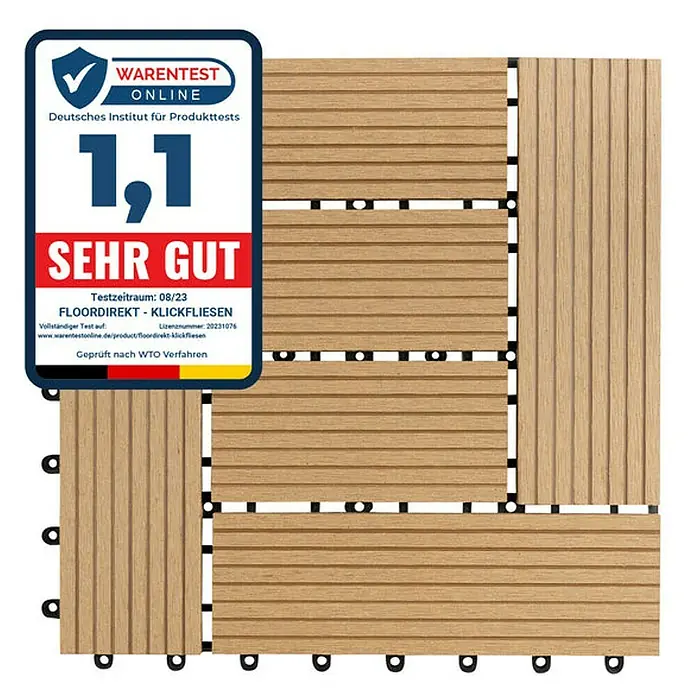 Floordirekt Klickfliese WPC Classic 30 x 30 cm Teak - 1 Stk. - Abbildung von Floor direkt Klickfliesen mit Waren Test Online Siegel "Sehr Gut" mit der Note 1,1 im Testzeitraum 08/23.