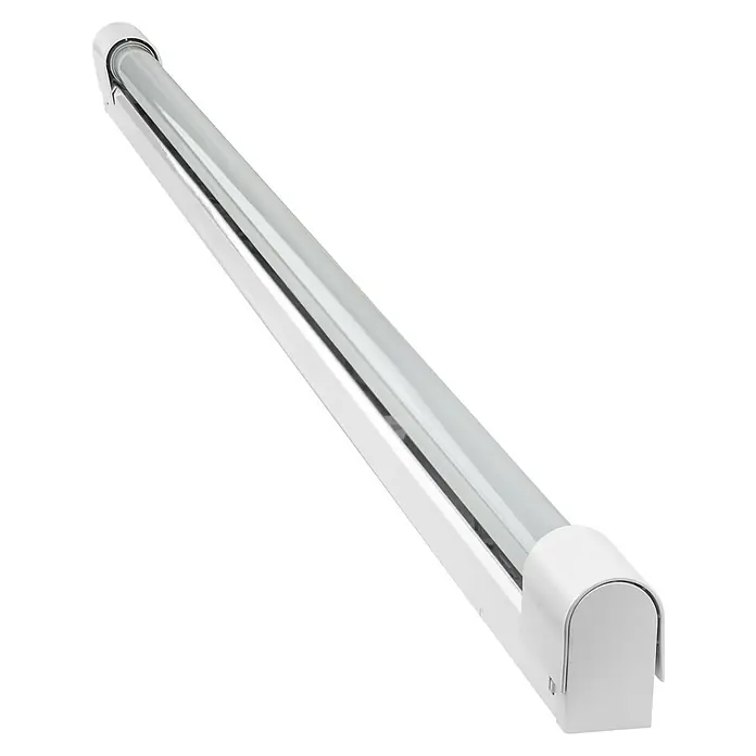 E2 elektro LED-Lichtleiste move² - L x B x H: 1.220 x 35 x 53 mm, Lichtfarbe: Neutralweiß, 220 V - 240 V, 1 Stk., 18 W - Nahaufnahme einer LED-Leuchtstoffröhre mit weißer Halterung. Diese Lampe sorgt für eine helle und effiziente Beleuchtung.