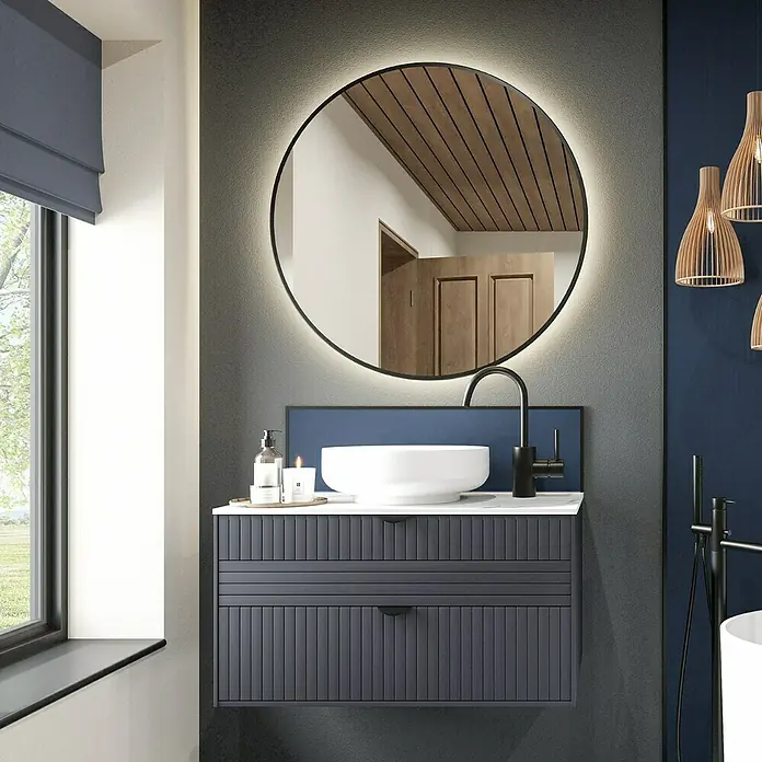 Wetwall Waschtischplatte Vanity Compact - 150 x 60 x 1,2 cm, Athena Marble - Modernes Badezimmerwaschbecken mit Unterschrank und rundem Spiegel mit Hintergrundbeleuchtung. Elegantes Design für ein stilvolles Ambiente.