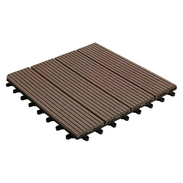Floordirekt Klickfliese WPC Royal 30 x 30 cm Dunkelbraun - 1 Stk. - Ein quadratisches Terrassenfliesen-Element aus Holz mit einem schwarzen Kunststoff-Unterbau für eine einfache Montage.