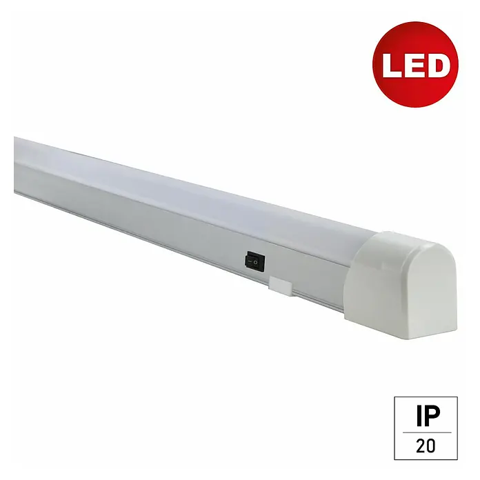 E2 elektro LED-Lichtleiste Base Switch - L x B x H: 1.200 x 30 x 42 mm, Lichtfarbe: Neutralweiß, 1 Stk., 20 W - Bild einer LED-Leuchte mit Schalter und der Kennzeichnung IP20, ideal für Innenräume und zur Beleuchtung von Arbeitsbereichen.