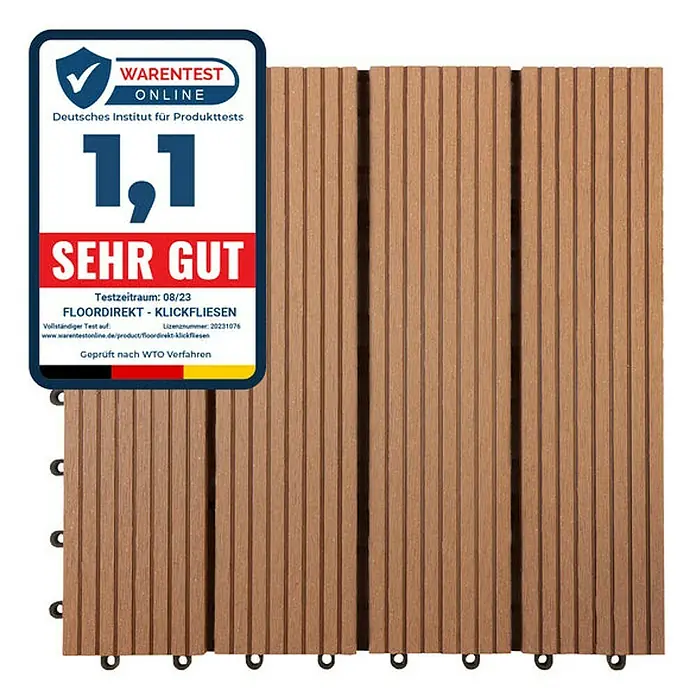Floordirekt Klickfliese WPC Royal 30 x 30 cm Hellbraun - 30 x 30 x 2,2 cm, 1 Stk. - Das Bild zeigt braune Fliesen von FLOORDIREKT, die mit 1,1 bewertet und als "SEHR GUT" ausgezeichnet wurden.