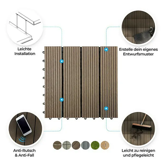 Floordirekt Klickfliese WPC Royal 30 x 30 cm Dunkelbraun - 1 Stk. - Produktbild von Terrassenfliesen in Holzoptik, die einfache Installation, vielfältige Designmuster, Rutschfestigkeit und leichte Reinigung versprechen.