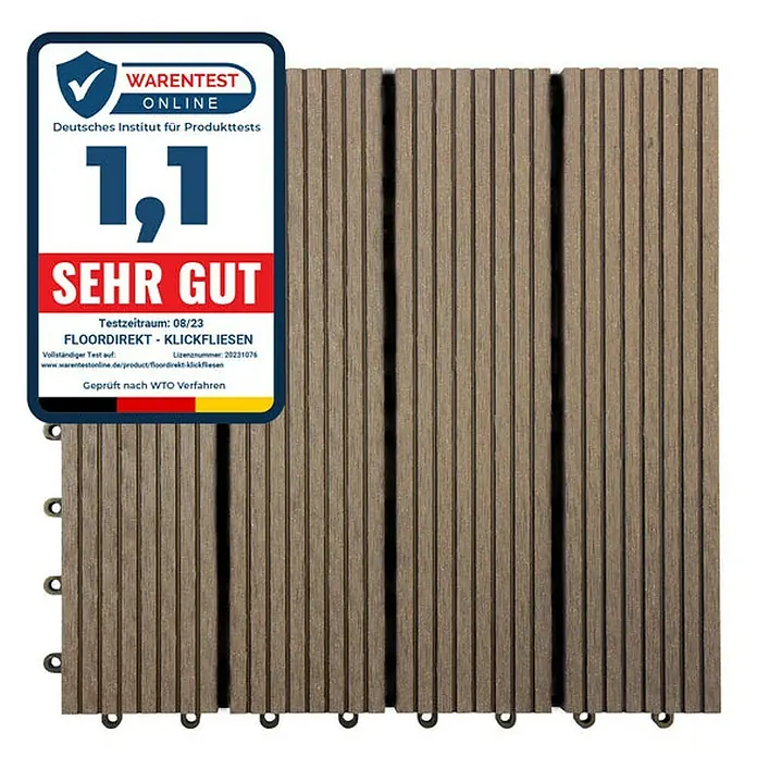 Floordirekt Klickfliese WPC Royal 30 x 30 cm Dunkelbraun - 1 Stk. - Bild von vier Outdoor-Klickfliesen in Holzoptik mit Waren-Testsiegel "Sehr Gut".