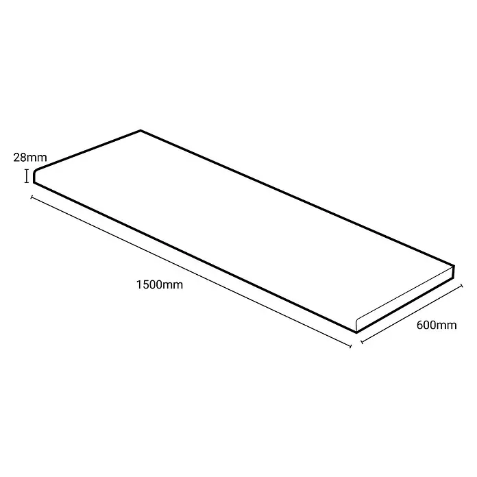 Wetwall Waschtischplatte Vanity HPL - 150 x 60 x 2,8 cm, White Marble - Darstellung einer Arbeitsplatte mit den Maßen 1500 mm Länge, 600 mm Breite und 28 mm Dicke.