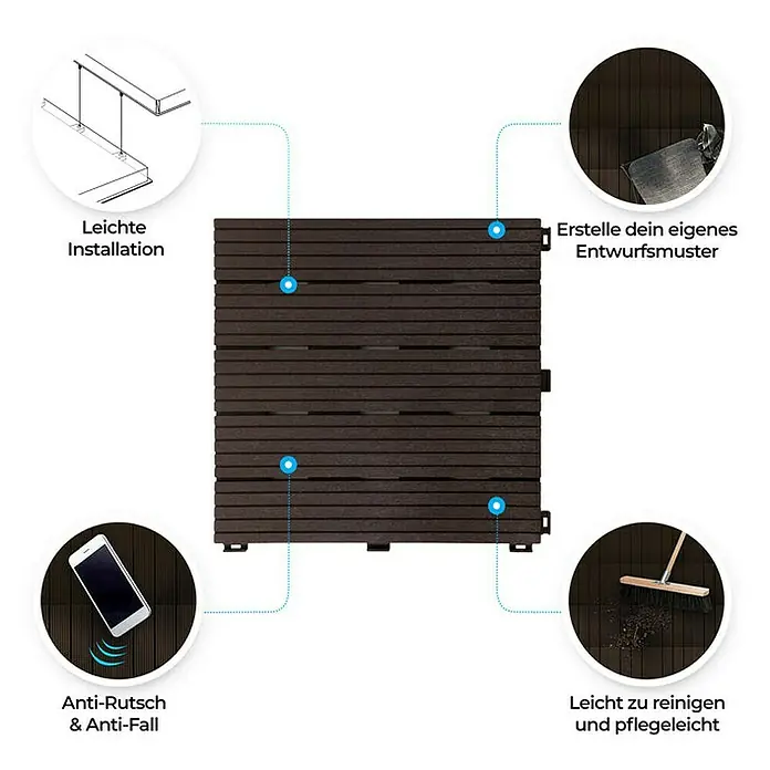 Floordirekt Klickfliese Claire 30 x 30 cm Braun 11er-Set - 30 x 30 x 1,5 cm, 11 Stk. - Bild von braunen Terrassendielen mit Informationen zur einfachen Installation, Gestaltungsmöglichkeiten, Rutschfestigkeit und Reinigung.