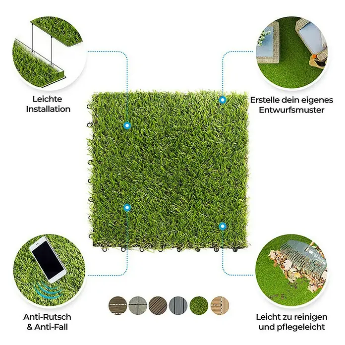 Floordirekt Klickfliese Kunstgras 30 x 30 cm 11er-Set - 30 x 30 x 3,5 cm, 11 Stk. - Quadratische Kunstrasenfliese für den Garten- oder Terrassenbereich, einfache Montage und pflegeleicht. Rutschfest und witterungsbeständig.
