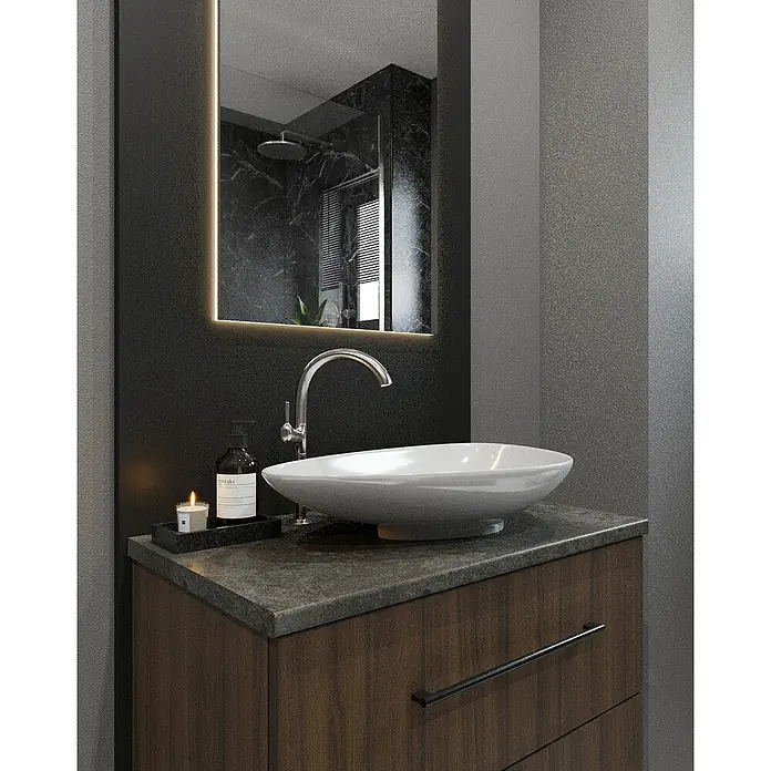 Wetwall Waschtischplatte Vanity HPL - 150 x 60 x 2,8 cm, Magma - Elegantes Badezimmerwaschbecken auf einem modernen Waschtisch mit dunkler Arbeitsplatte und beleuchtetem Spiegel.