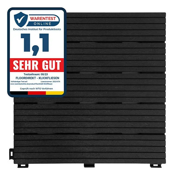 Floordirekt Klickfliese Claire 30 x 30 cm Grau - 30 x 30 x 1,5 cm, 1 Stk. - Abbildung einer schwarzen Floor direkt Klickfliese mit WarenTest Online Auszeichnung "Sehr Gut".