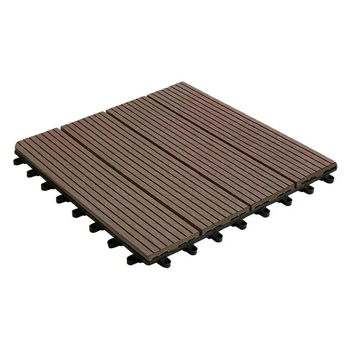 Floordirekt Klickfliese WPC Royal 30 x 30 cm Dunkelbraun 11er-Set - 30 x 30 x 2,2 cm, 11 Stk. - Quadratische Terrassenfliese in Holzoptik mit braunen Dielen und schwarzem Kunststoff-Unterbau für einfache Verlegung im Außenbereich.