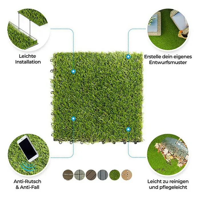 Floordirekt Klickfliese Kunstgras 30 x 30 cm - 30 x 30 x 3,5 cm, 1 Stk. - Kunstrasenfliese mit einfacher Installation, verschiedenen Designs, Anti-Rutsch, leichter Reinigung und Pflege.