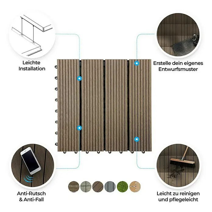 Floordirekt Klickfliese WPC Royal 30 x 30 cm Dunkelbraun 11er-Set - 30 x 30 x 2,2 cm, 11 Stk. - Ein quadratisches Bild von braunen Terrassendielen mit Hinweisen zur Installation und Reinigung.