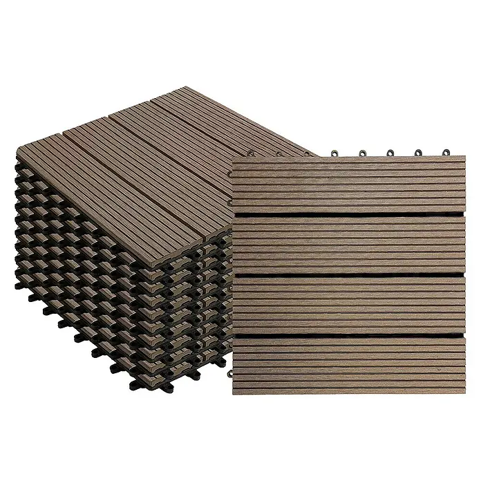 Floordirekt Klickfliese WPC Royal 30 x 30 cm Dunkelbraun 11er-Set - 30 x 30 x 2,2 cm, 11 Stk. - Bild von ineinandergreifenden Terrassendielen aus Holzverbundstoff. Perfekt, um jedem Außenbereich einen Hauch von Stil und Funktionalität zu verleihen.