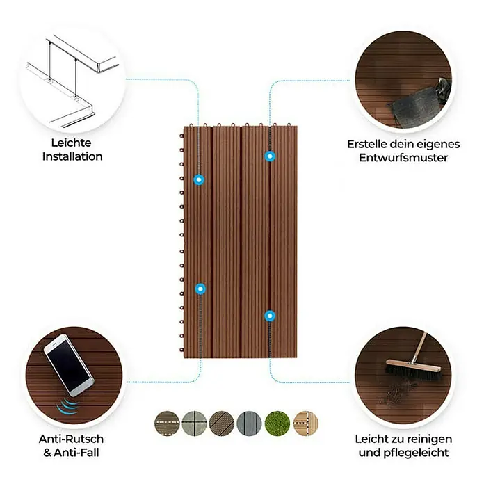 Floordirekt Klickfliese WPC Royal 30 x 60 cm Hellbraun - 60 x 30 x 2,2 cm, 1 Stk. - Produktbild von Terrassendielen mit Hinweisen zu einfacher Installation, Design, Rutschfestigkeit und Reinigung.