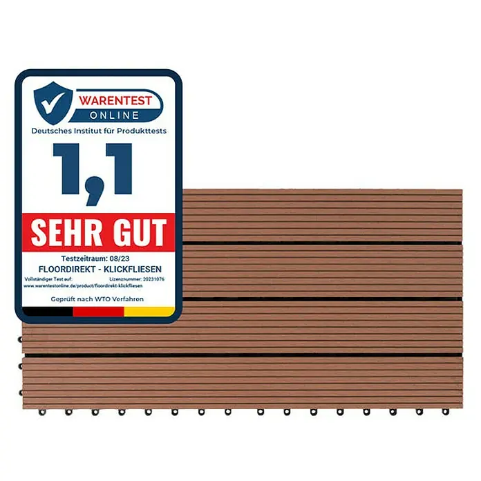 Floordirekt Klickfliese WPC Royal 30 x 60 cm Hellbraun - 60 x 30 x 2,2 cm, 1 Stk. - Terrassenfliesen aus Holzverbundmaterial mit Auszeichnung „Sehr Gut“ für den Außenbereich.