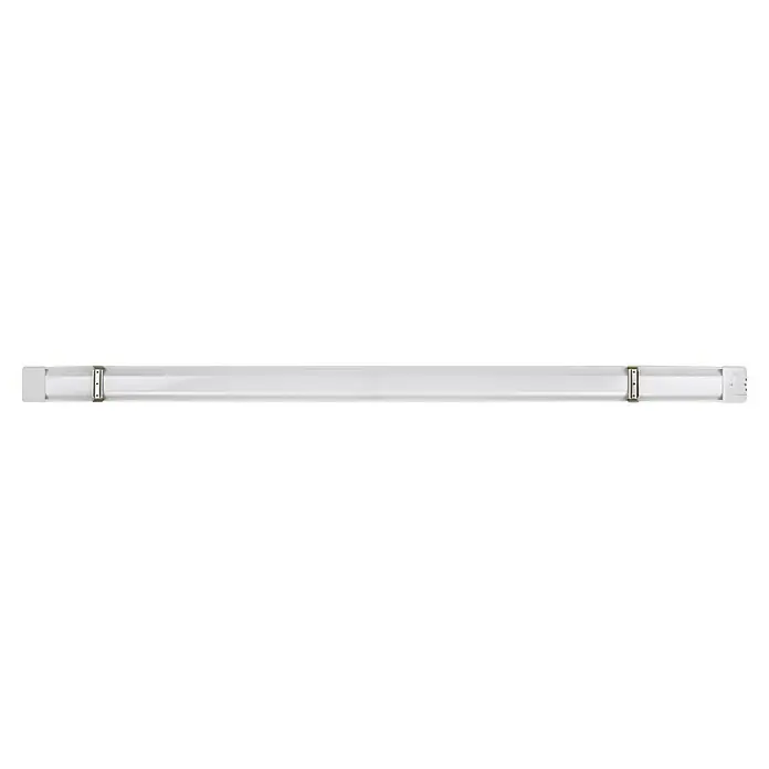 E2 elektro LED-Lichtleiste Flat - 36 W, L x B x H: 1.185 x 75 x 25 mm, Lichtfarbe: Neutralweiß - Eine minimalistische LED-Röhrenleuchte mit silbernen Befestigungen an beiden Enden, die ein helles und effizientes Licht bietet.