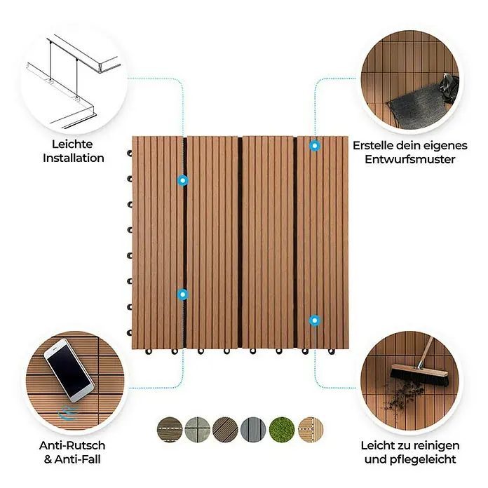 Floordirekt Klickfliese WPC Royal 30 x 30 cm Hellbraun 11er-Set - 30 x 30 x 2,2 cm, 11 Stk. - Abbildung von Terrassendielen aus Holzverbundwerkstoff (WPC) mit Hinweisen zu einfacher Installation und Reinigung.