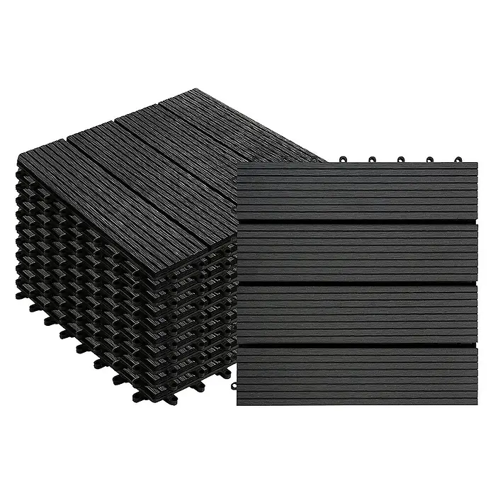 Floordirekt Klickfliese WPC Royal 30 x 30 cm Anthrazit 11er-Set - 11 Stk. - Ein Stapel schwarzer Terrassenfliesen und eine einzelne Fliese.