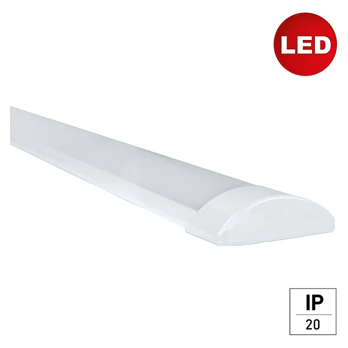 E2 elektro LED-Lichtleiste Flat - 36 W, L x B x H: 1.185 x 75 x 25 mm, Lichtfarbe: Neutralweiß - Nahaufnahme einer LED-Lichtleiste mit Schutzart IP20 und rotem LED-Logo. Die Leuchte ist weiß und hat eine abgerundete Form.