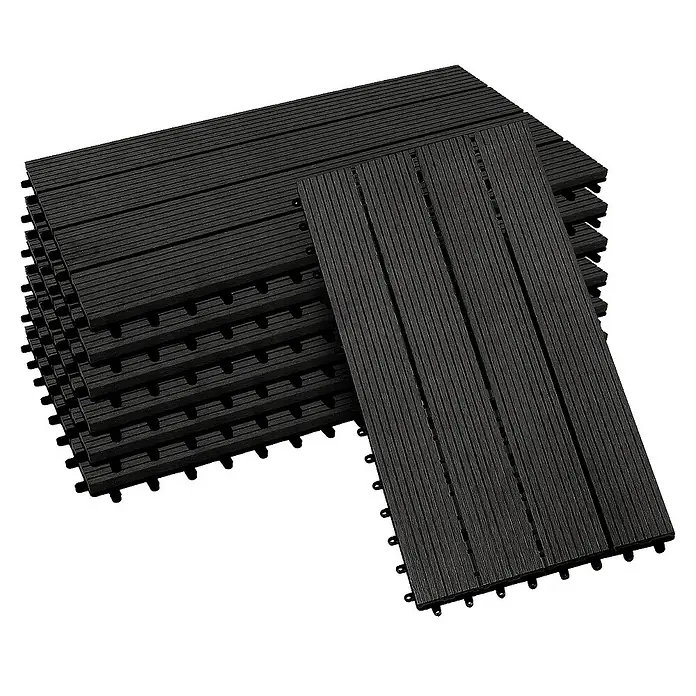 Floordirekt Klickfliese WPC Royal 30 x 60 cm Anthrazit 6er-Set - 60 x 30 x 2,2 cm, 6 Stk. - Stapel mit schwarzen Terrassenfliesen, die sich ideal für die Gestaltung von Außenbereichen eignen, da sie wasserfest & robust sind.