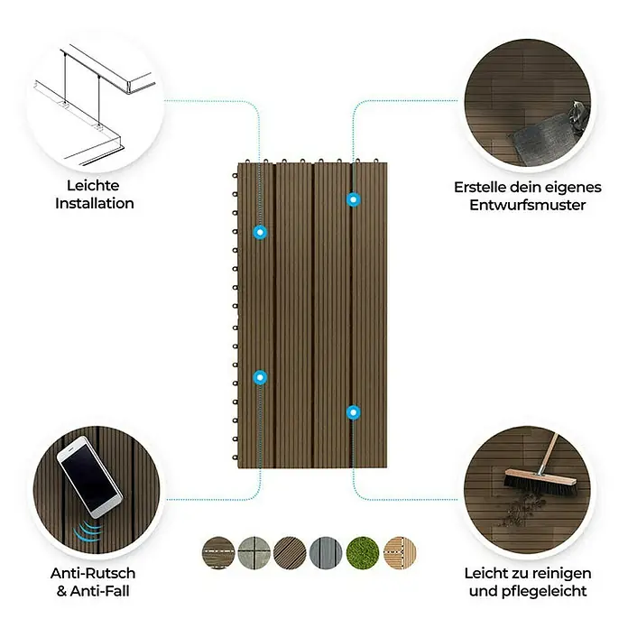 Floordirekt Klickfliese WPC Royal 30 x 60 cm Dunkelbraun 6er-Set - 60 x 30 x 2,2 cm, 6 Stk. - Das Bild zeigt die braunen Terrassenfliesen mit verschiedenen Mustern und Eigenschaften wie einfache Installation und Reinigung.