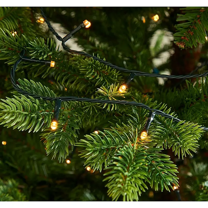Tween Light LED-Lichterkette - Innen, Lichtfarbe: RGBW, Anzahl Leuchtmittel: 100 Stk., Netzbetrieben - Nahaufnahme einer Lichterkette mit warmweißen Lichtern, die auf einem grünen Weihnachtsbaum angebracht ist.