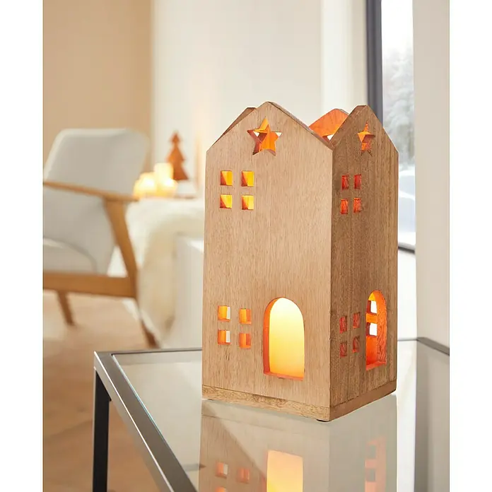 Laterne Haus - L x B x H: 15 x 15 x 30 cm, Natur - Dekorative Holzlaterne in Hausform. Das warme Licht scheint durch die Fenster und Sterne.