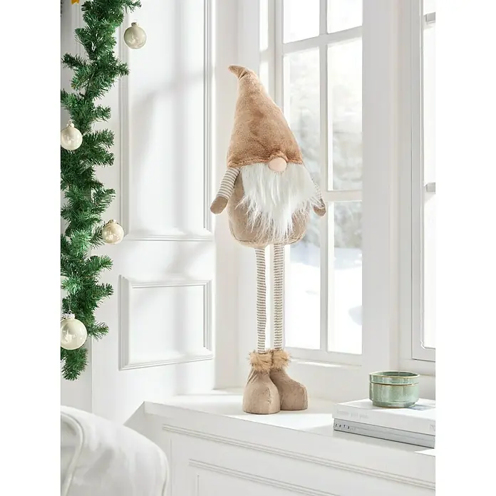 Dekofigur Wichtel - Braun/ Beige, Textil - Festlicher Deko-Wichtel mit langem Bart und gestreiften Beinen als weihnachtliche Fensterdekoration für eine gemütliche Atmosphäre.