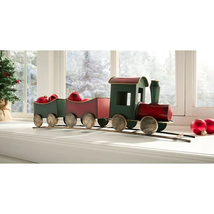 Dekofigur Weihnachtslokomotive - L x B x H: 60 x 9 x 25,5 cm, Rot/ Grün - Weihnachtliche Tischdekoration mit einem dekorativen Spielzeugzug, der festlich mit roten Kugeln geschmückt ist.