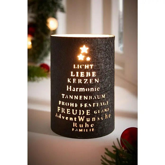 Windlicht Weihnachten - Ø x H: 10 x 15 cm, Gold/Schwarz, 1 Stk. - Weihnachtliche Leuchtdekoration: Zylinderförmige Lampe mit ausgeschnittenen Weihnachtswörtern und Sternen, die warmes Licht verbreitet.