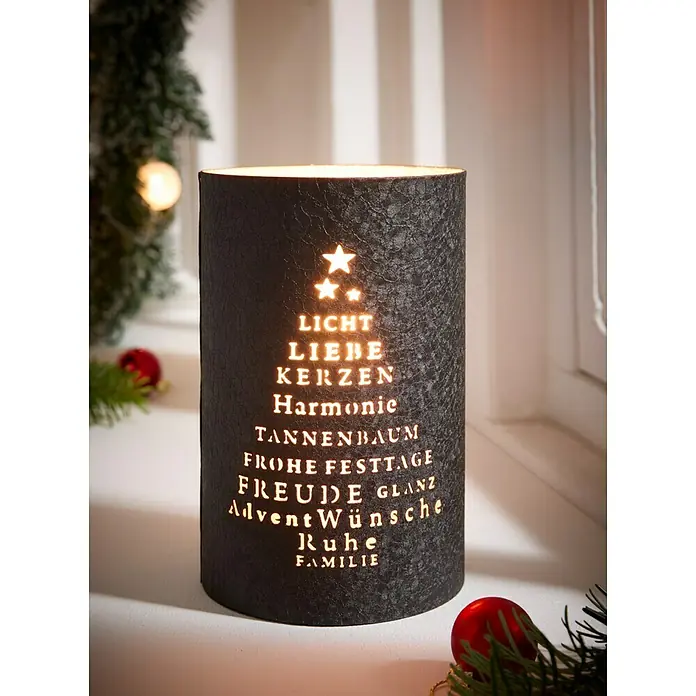 Windlicht Weihnachten - Ø x H: 13 x 20 cm, Gold/Schwarz, 1 Stk. - Stimmungsvolle Weihnachtsdekoration: Eine elegante schwarze Zylinder-Laterne mit festlichen Ausschnitten und warmem Licht.