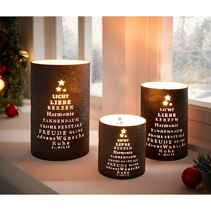 Windlicht Weihnachten - Ø x H: 9 x 10 cm, Gold/Schwarz, 1 Stk. - Dekorative LED-Lichthäuser mit weihnachtlichen Botschaften, ideal für festliche Stimmung.