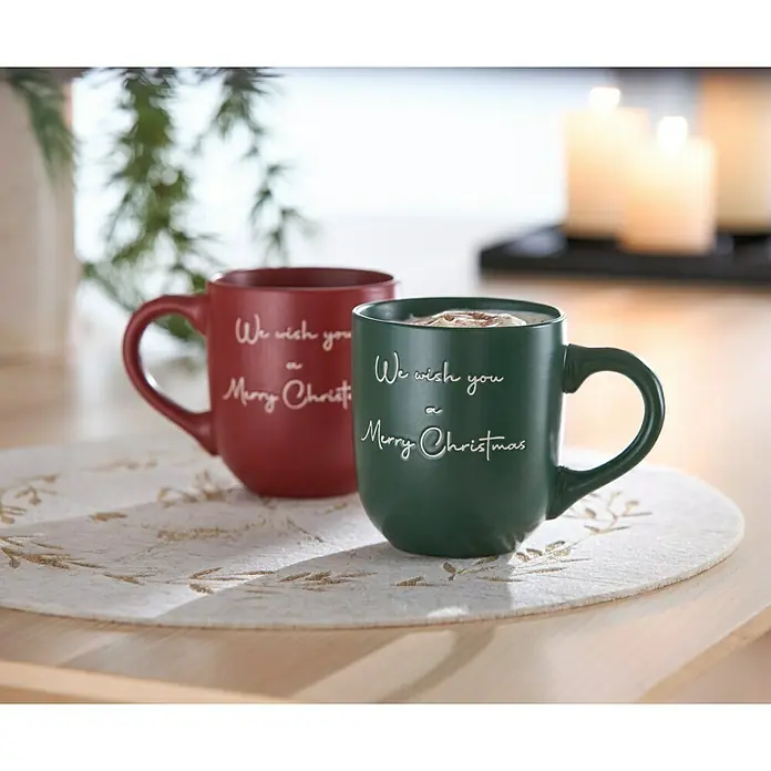 Boltze Tasse Merry Christmas - Rot, L x B x H: 8,3 x 8,3 x 9,5 cm, 300 ml - Festliche Weihnachtstassen in Rot und Grün mit der Aufschrift "We wish you a Merry Christmas" für gemütliche Stunden.