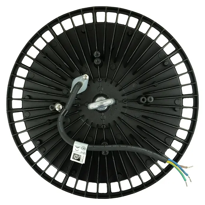 E2 elektro LED-Einbauleuchte rund Slim Hallenleuchte - 150 W, Ø x H: 28 x 9,8 cm, Schwarz, Tageslichtweiß - Nahaufnahme der Rückseite einer runden, schwarzen LED-Industrieleuchte mit Kühlrippen und Kabelanschlüssen.