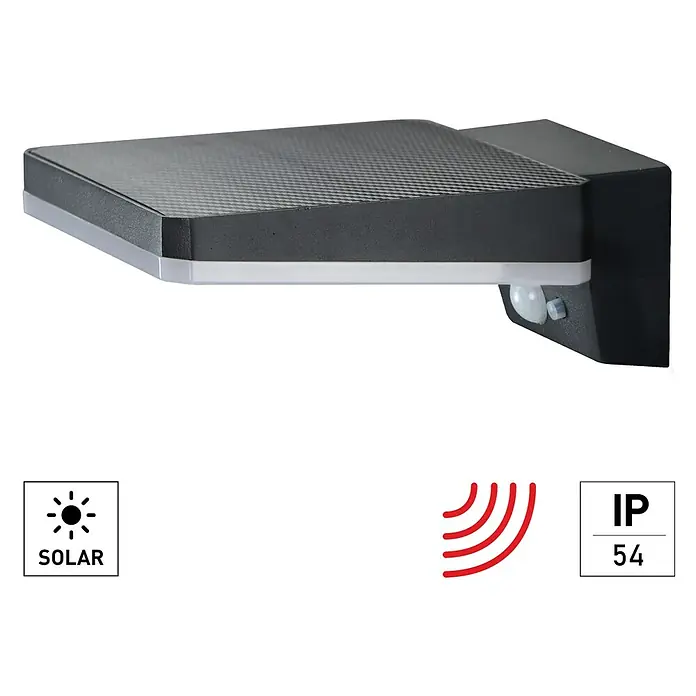 E2 elektro Solar-Außenwandleuchte Sika - 4,4 W, L x B x H: 13,5 x 16,8 x 6,9 cm, Schwarz, IP54, 610 lm - Eine quadratische, schwarze Solar-Wandleuchte mit Bewegungssensor und Schutzart IP54. Ideal für den Außenbereich und energiesparende Beleuchtung.