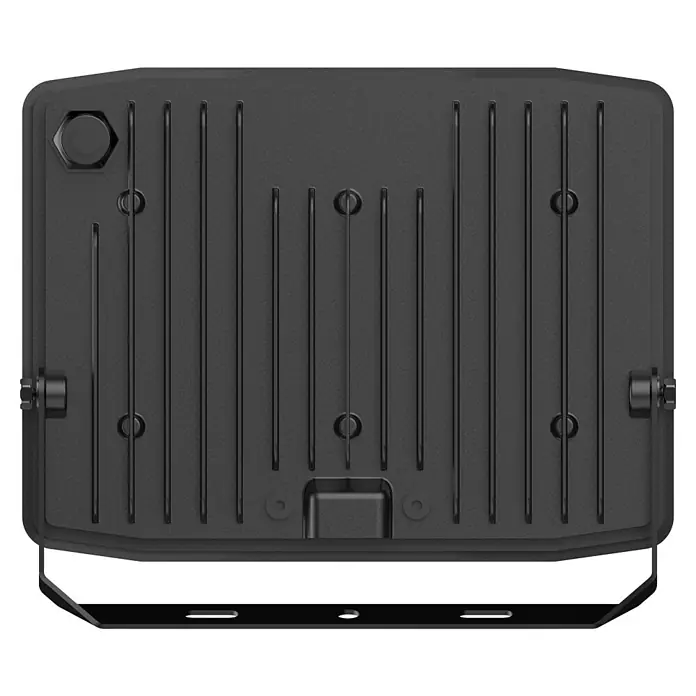 E2 elektro LED-Strahler - 50 W, 5.400 lm, 6.000 K, L x B x H: 3,5 x 18 x 15,5 cm, IP65 - Detailaufnahme einer schwarzen LED-Leuchte mit Kühlrippen, ideal für den Außenbereich, die eine robuste Bauweise und hohe Lichtleistung bietet.