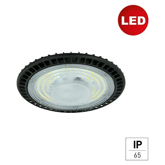 E2 elektro LED-Einbauleuchte rund Slim Hallenleuchte - 100 W, Ø x H: 23 cm x 9,8 mm, Schwarz, Tageslichtweiß - Ein LED-Deckenstrahler mit rundem, schwarzem Gehäuse und integrierter LED-Technologie für eine effiziente Ausleuchtung von Innenräumen.