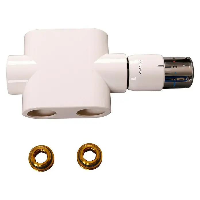 Szagato Mittelanschlussblock - ½″, Durchgang, Weiß/Chrom - Oventrop Heizkörperanschlussgarnitur Eckform in Weiß mit Thermostat und zwei Messingverschraubungen für Heizkörper.