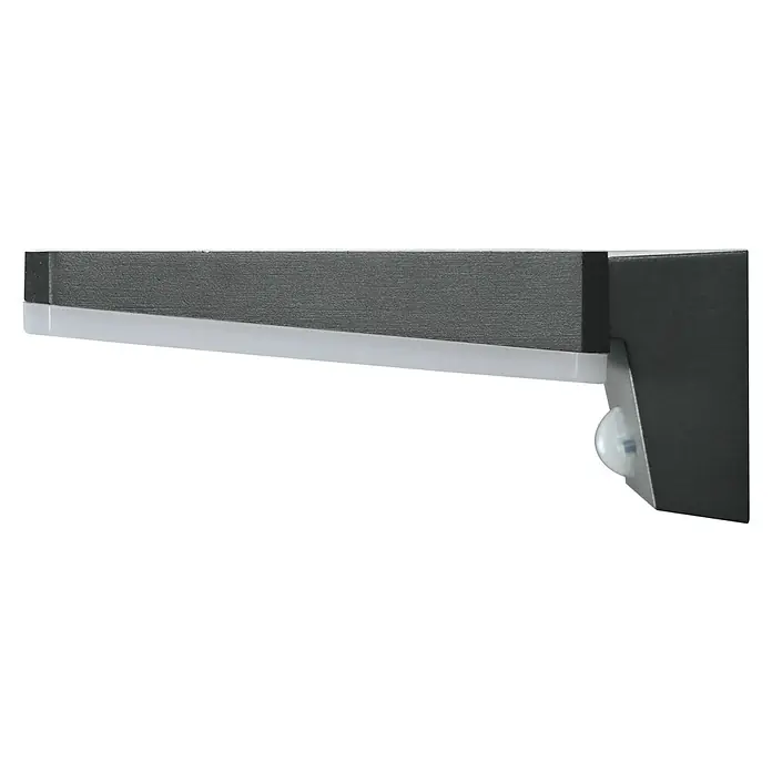 E2 elektro Solar-Außenwandleuchte Sika - 4,4 W, L x B x H: 13,5 x 16,8 x 6,9 cm, Schwarz, IP54, 610 lm - Nahaufnahme einer grauen Schublade mit weißer Stütze und Montageplatte, die ein elegantes und funktionales Design zeigt.