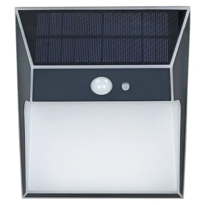 E2 elektro Solar-Außenwandleuchte Sabik - 2,5 W, L x B x H: 18 x 15 x 7 cm, Schwarz, IP54, 360 lm - Nahaufnahme einer quadratischen Solarleuchte mit Solarpanel, Bewegungssensor und LED-Licht für den Außenbereich, ideal für Gärten und Wege.