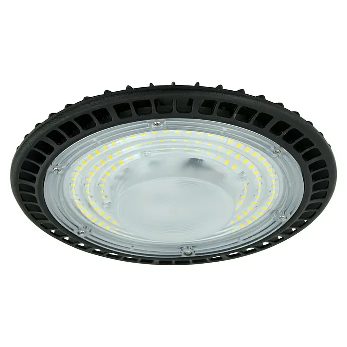 E2 elektro LED-Einbauleuchte rund Slim Hallenleuchte - 100 W, Ø x H: 23 cm x 9,8 mm, Schwarz, Tageslichtweiß - Nahaufnahme einer LED-Hallenleuchte mit schwarzem Gehäuse und kreisförmiger Anordnung von LED-Chips.